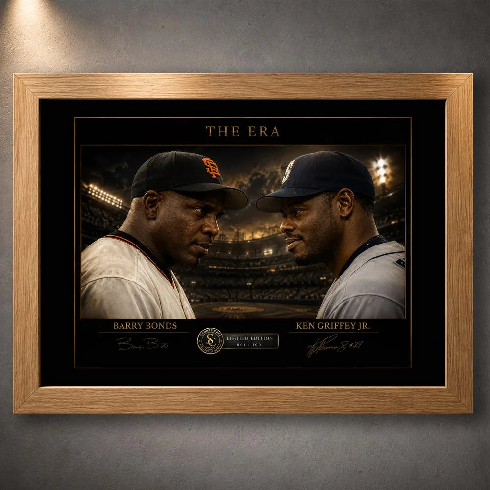 Barry Bonds and Ken Griffey Jr. appear in The Era baseball wall art, shown in a natural oak frame.