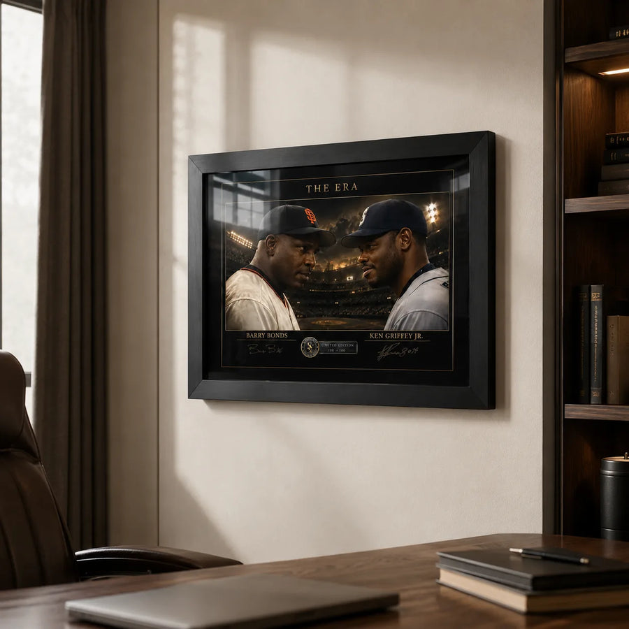 The Era Barry Bonds and Ken Griffey Jr. framed sports art displayed on the wall of a refined home office.