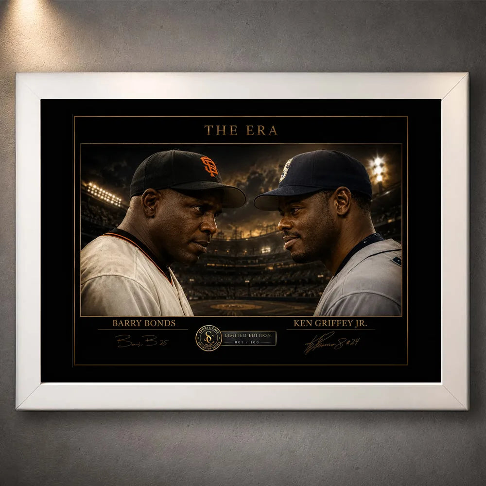 The Era baseball wall art featuring Barry Bonds and Ken Griffey Jr. displayed in a clean white frame.