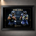 Black framed The Era NFL wall art featuring Russell Wilson and Marshawn Lynch in Seattle football uniforms.