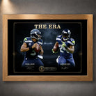 Oak framed The Era football wall art featuring Russell Wilson and Marshawn Lynch against a stadium backdrop.