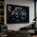 The Era Russell Wilson and Marshawn Lynch wall art displayed above a desk in a modern office.