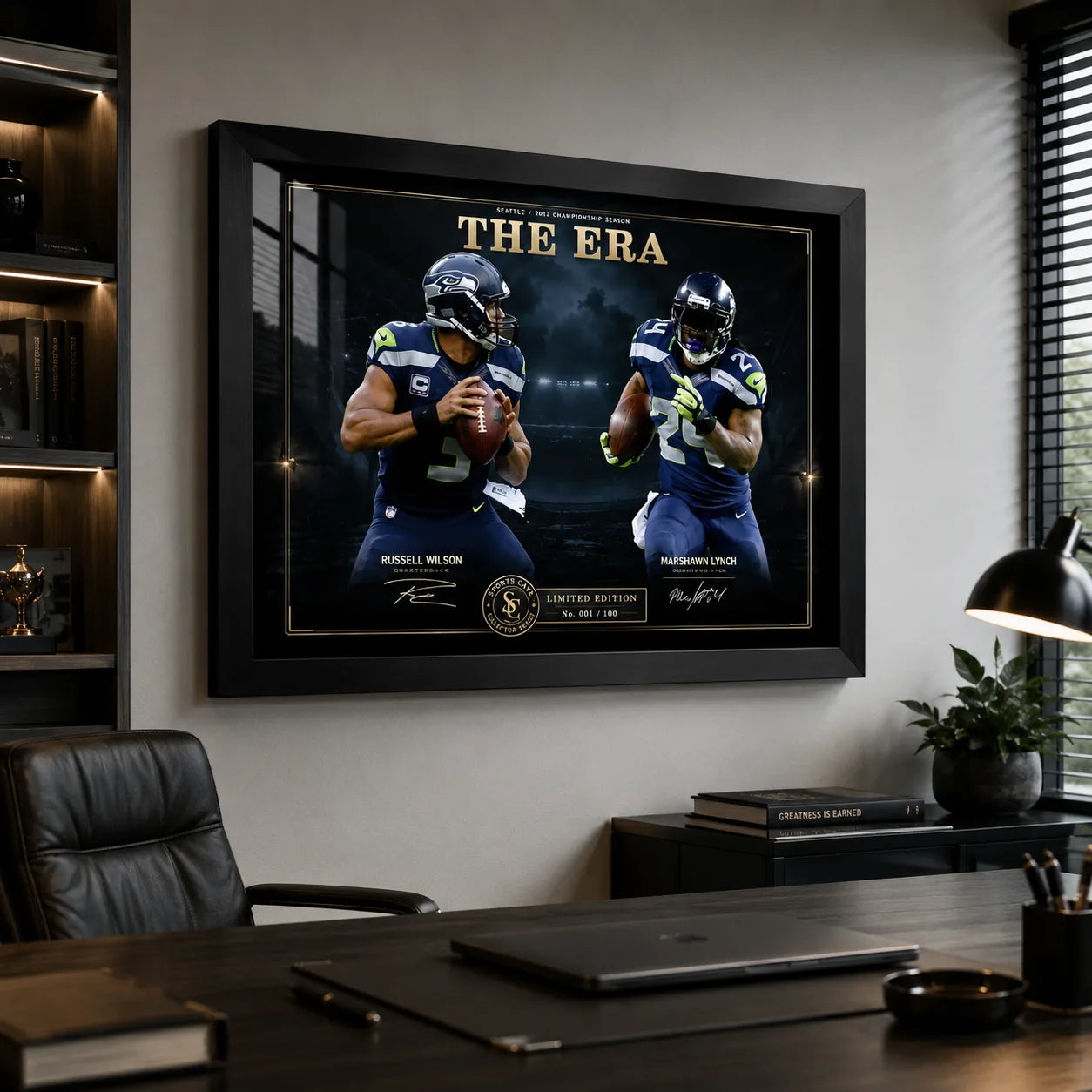 The Era Russell Wilson and Marshawn Lynch wall art displayed above a desk in a modern office.
