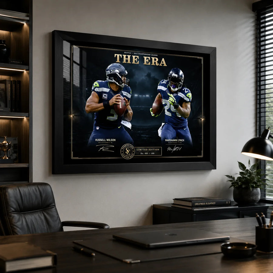 The Era Russell Wilson and Marshawn Lynch wall art displayed above a desk in a modern office.