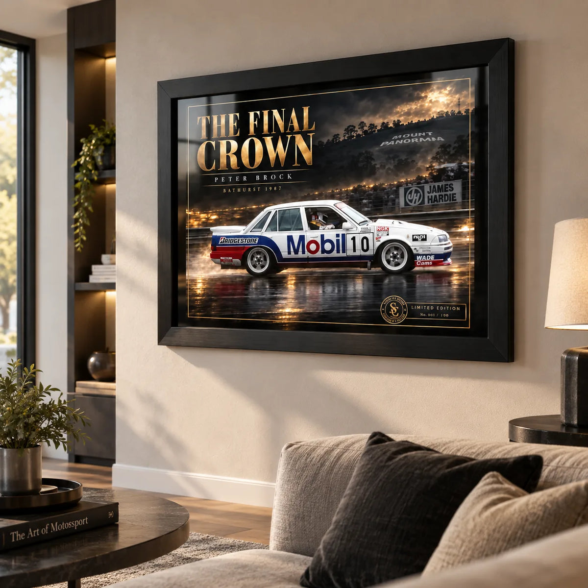 Peter Brock The Final Crown wall art displayed in a contemporary living room with a black frame.