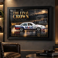 Peter Brock The Final Crown wall art displayed in a dark motorsport man cave with a black frame.