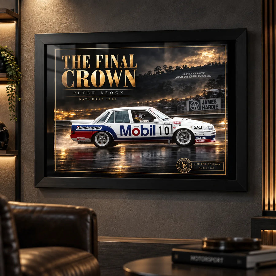 Peter Brock The Final Crown wall art displayed in a dark motorsport man cave with a black frame.