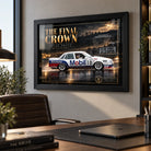Peter Brock The Final Crown motorsport wall art displayed in a modern office setting with a black frame.
