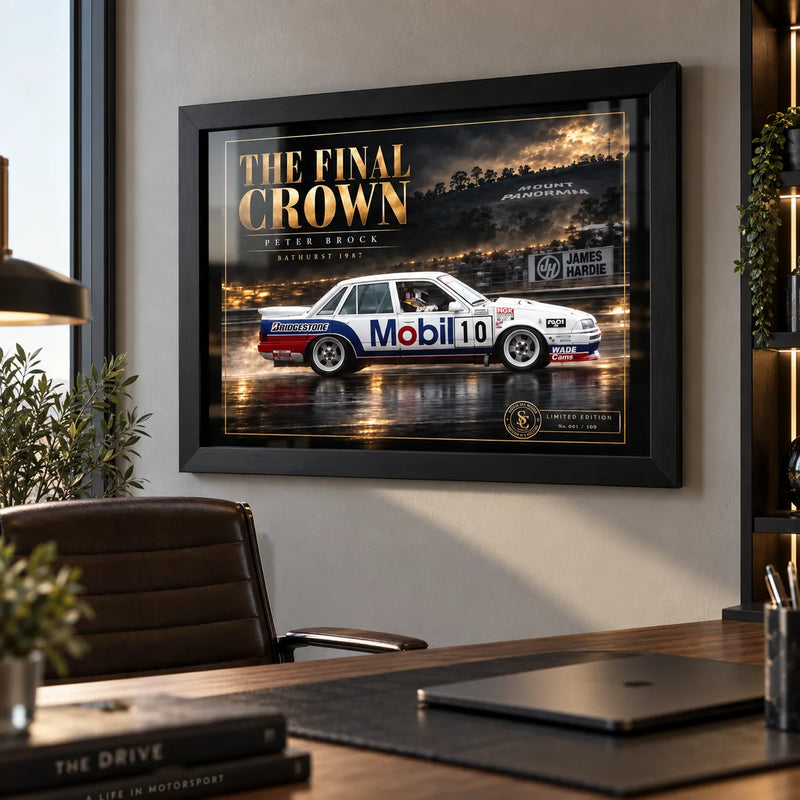 Peter Brock The Final Crown motorsport wall art displayed in a modern office setting with a black frame.