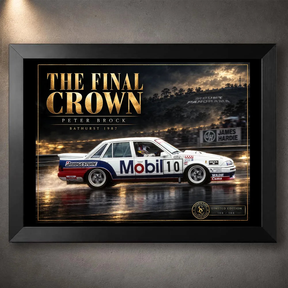 Black framed Peter Brock The Final Crown motorsport wall art featuring the Bathurst-themed collector design.