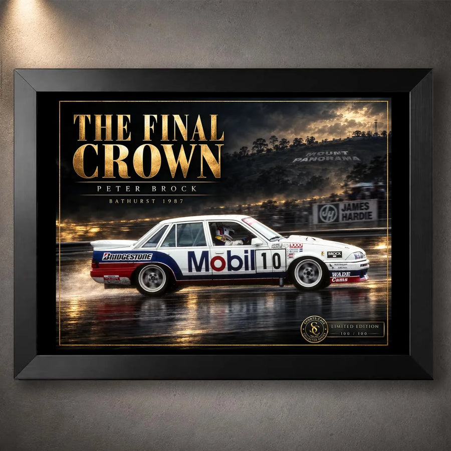 Black framed Peter Brock The Final Crown motorsport wall art featuring the Bathurst-themed collector design.