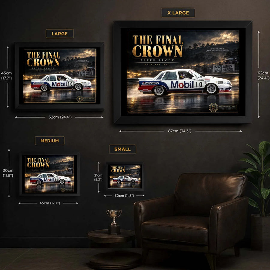 Peter Brock The Final Crown wall art size guide showing available framed sizes from Small to X Large.