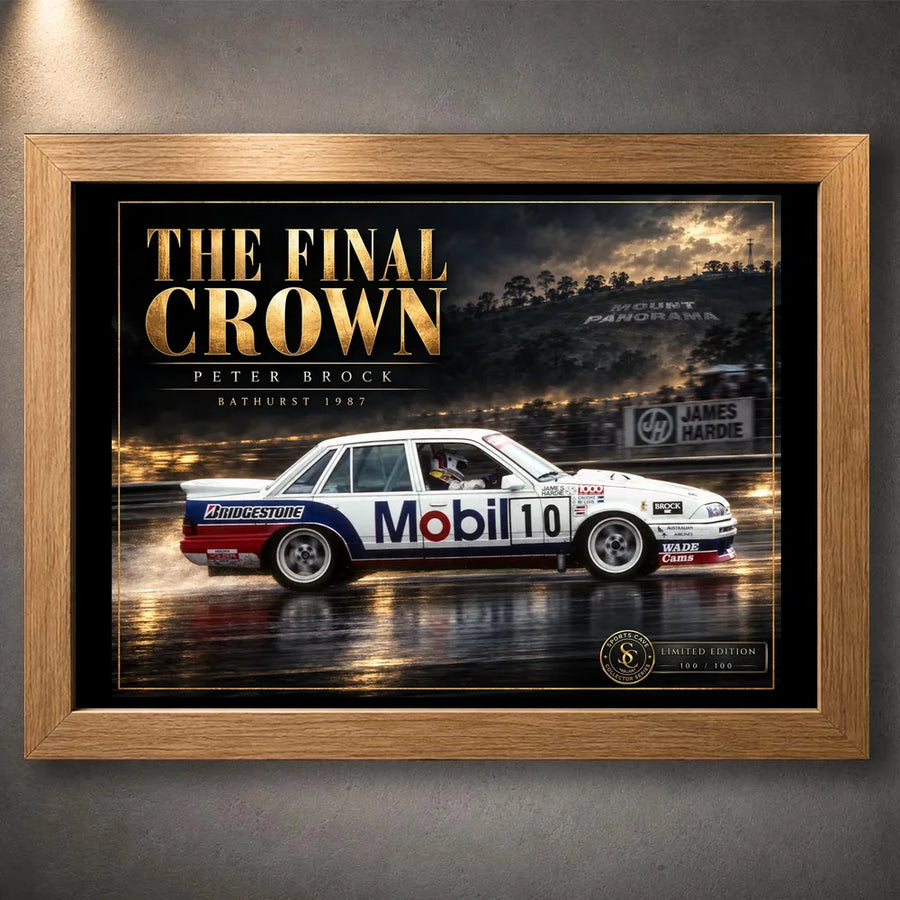 Oak framed Peter Brock The Final Crown motorsport wall art for a premium sports art collection.