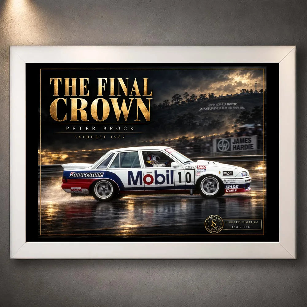 White framed Peter Brock The Final Crown motorsport wall art for a clean collector presentation.
