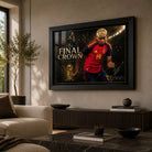 Black framed Spain football wall art displayed above a timber console in a warm modern living room