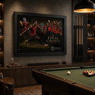 Spain World Champions soccer wall art in a premium man cave with pool table and dark timber shelving