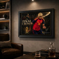 Black framed The Final Crown football wall art displayed in a dark collector lounge beside leather seating