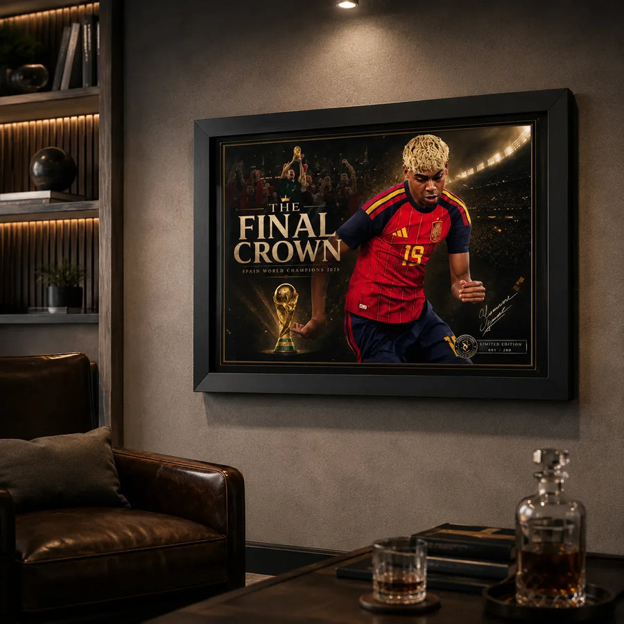 Black framed The Final Crown football wall art displayed in a dark collector lounge beside leather seating