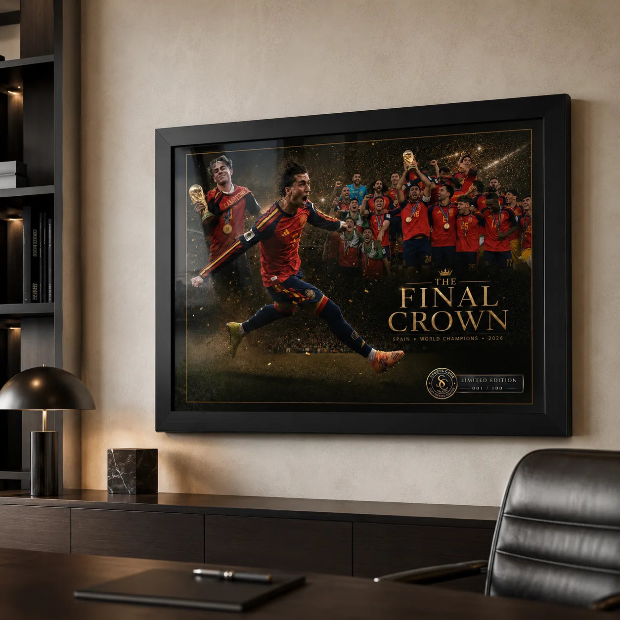 The Final Crown Spain football wall art mounted in a modern office with desk and shelving