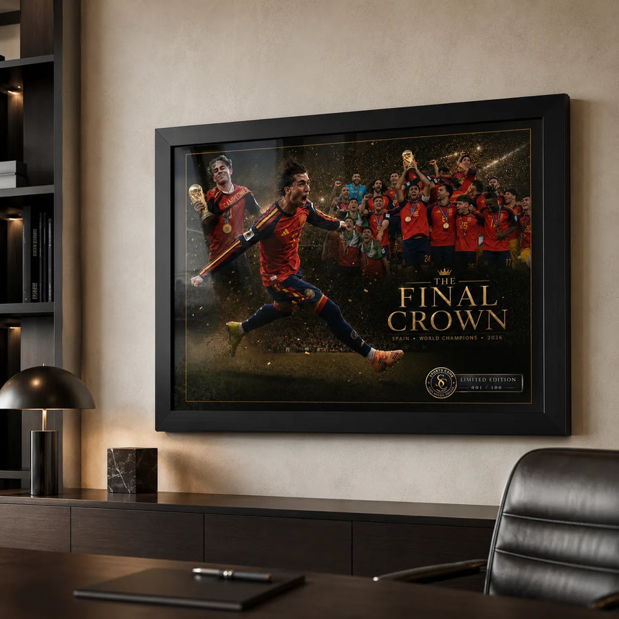 The Final Crown Spain football wall art mounted in a modern office with desk and shelving