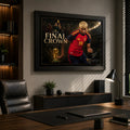 Black framed Spain World Champions football wall art mounted above a cabinet in a modern home office