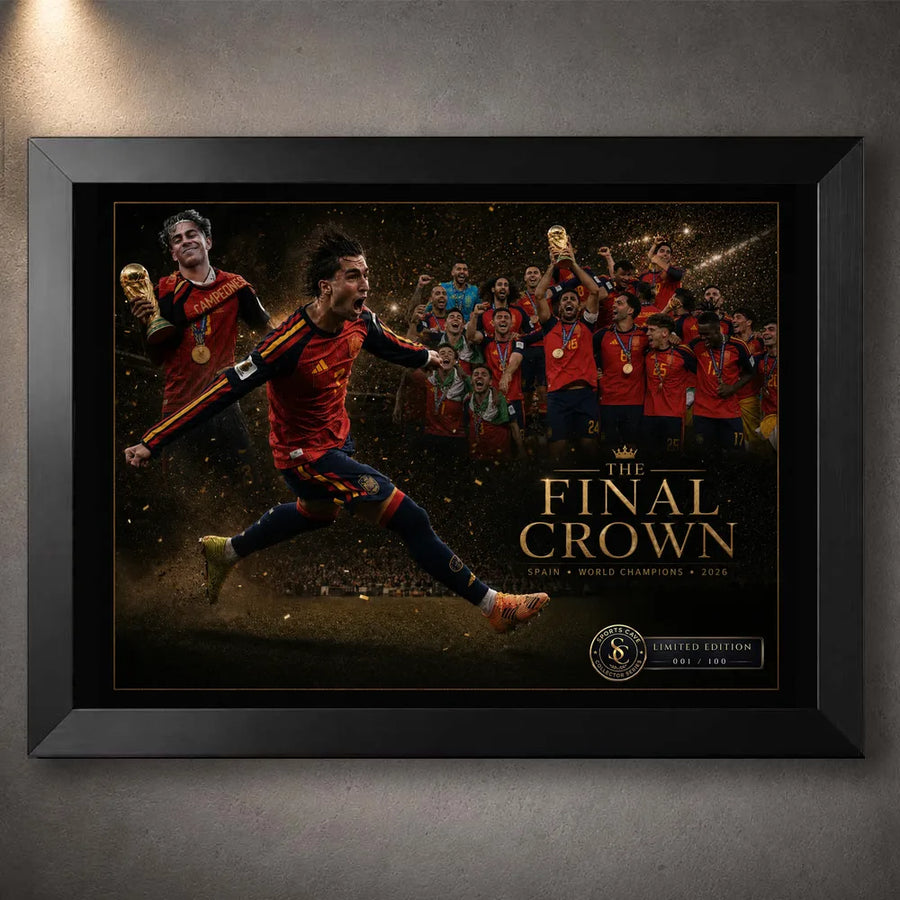 Black framed The Final Crown Spain World Champions 2026 soccer wall art with team celebration artwork