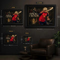 The Final Crown Spain football wall art size guide showing Small, Medium, Large and XL framed dimensions