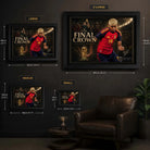 The Final Crown Spain football wall art size guide showing Small, Medium, Large and XL framed dimensions