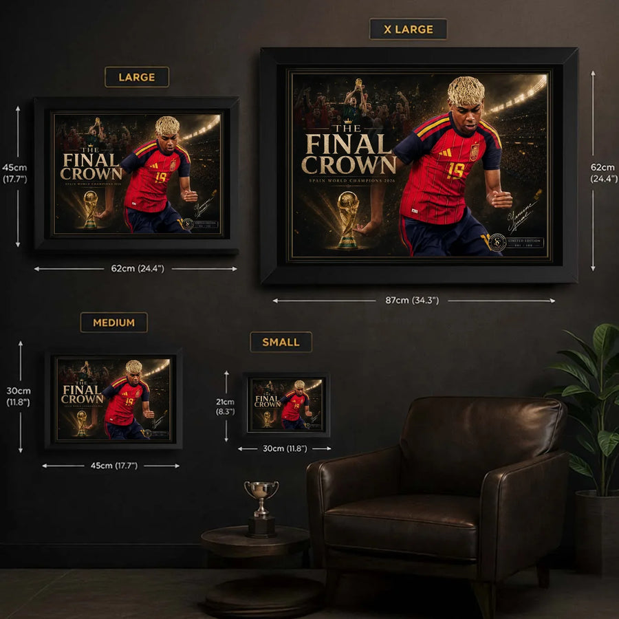 The Final Crown Spain football wall art size guide showing Small, Medium, Large and XL framed dimensions