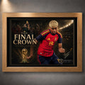 Oak framed The Final Crown Spain World Champions football wall art featuring a player, trophy and stadium crowd
