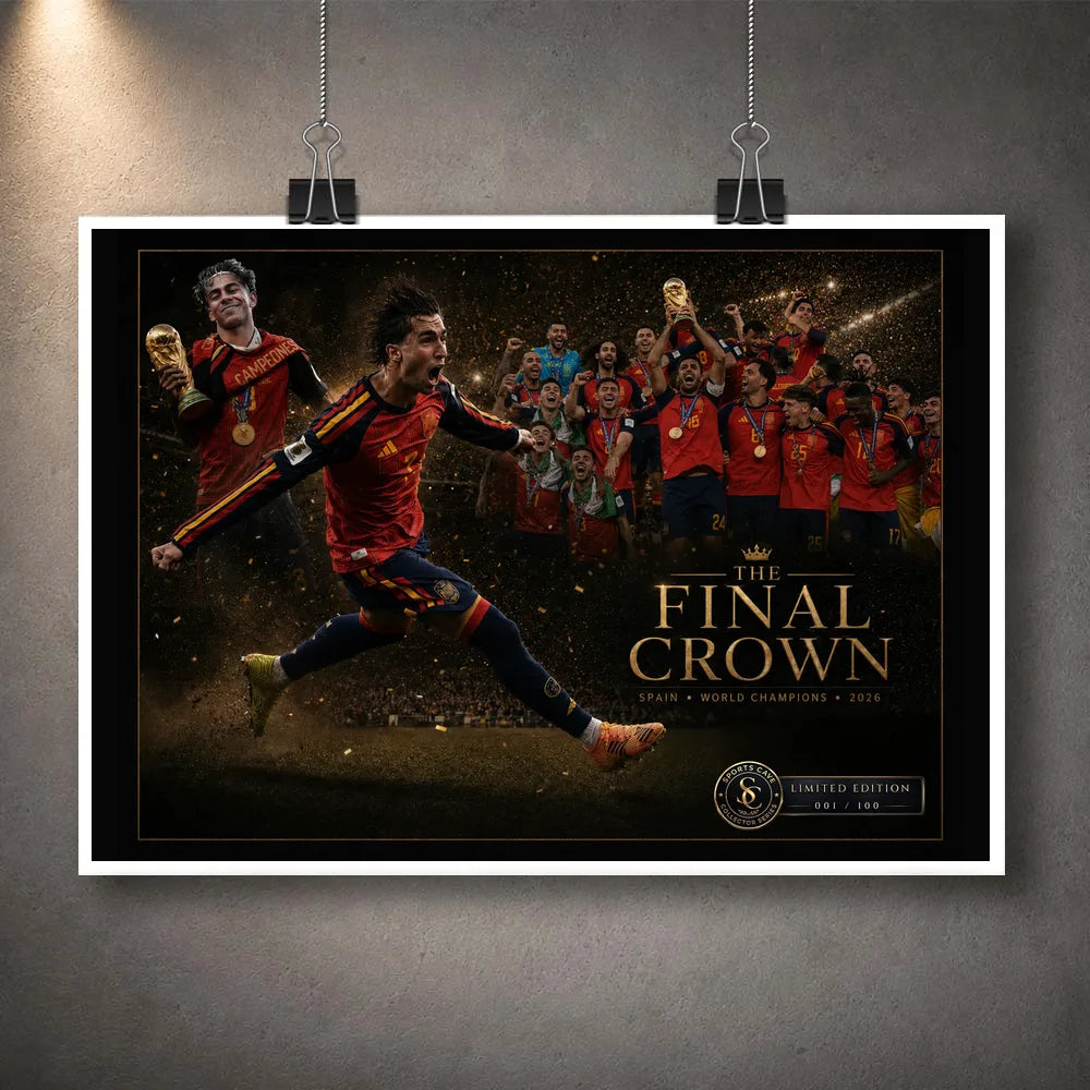 Unframed The Final Crown Spain World Champions 2026 soccer wall art print held by hanging clips