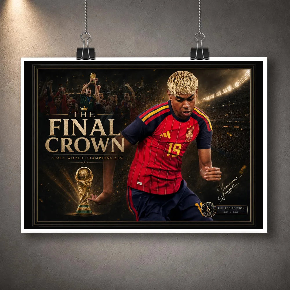 Unframed The Final Crown Spain World Champions football wall art print shown with hanging clips