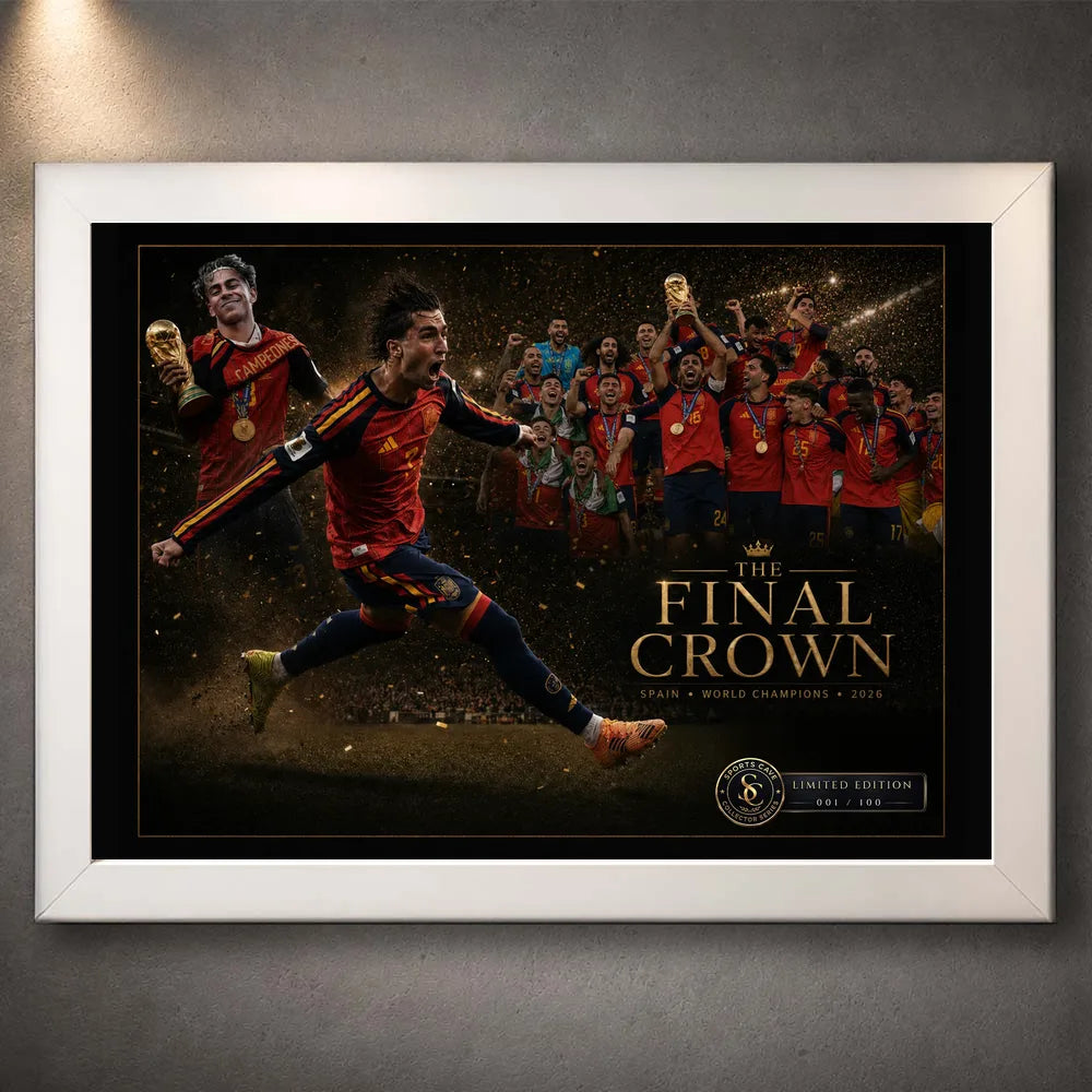 White framed The Final Crown Spain World Champions 2026 football wall art on textured wall