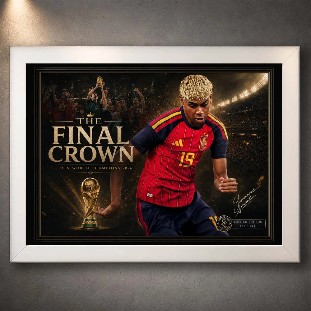 White framed The Final Crown Spain World Champions football wall art displayed on a textured grey wall