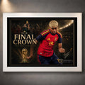 White framed The Final Crown Spain World Champions football wall art displayed on a textured grey wall