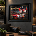 The Final Lap #17 racing wall art displayed above a dark leather sofa in a man cave with a racing helmet and storage cabinet.
