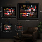 The Final Lap #17 wall art size guide comparing XL, Large, Medium and Small framed print dimensions.