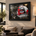 Will Power wall art in a bright modern living room, shown in a black frame above a neutral sofa and coffee table.
