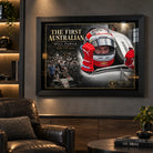 Will Power wall art displayed in a dark man cave with black frame, warm shelving lights and motorsport collector styling.