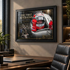 Black framed Will Power wall art displayed above a modern office desk with warm light and dark wood furnishings.