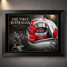Black framed Will Power motorsport wall art featuring his 2018 Indy 500 victory tribute for racing collectors.
