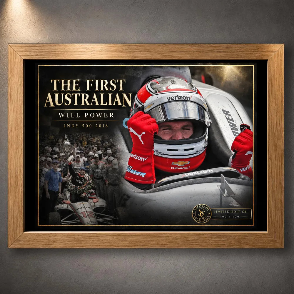 Oak framed Will Power motorsport wall art featuring The First Australian 2018 Indy 500 tribute on a dark display wall.