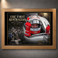 Oak framed Will Power motorsport wall art featuring The First Australian 2018 Indy 500 tribute on a dark display wall.