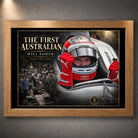 Oak framed Will Power motorsport wall art featuring The First Australian 2018 Indy 500 tribute on a dark display wall.