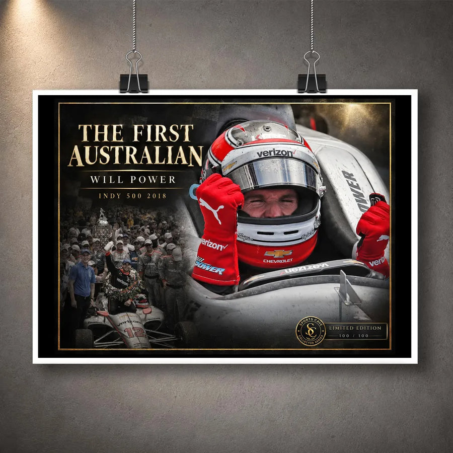 Unframed Will Power motorsport wall art featuring The First Australian 2018 Indy 500 tribute with collector edition plaque.