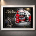 White framed Will Power motorsport wall art featuring The First Australian 2018 Indy 500 tribute on a dark display wall.
