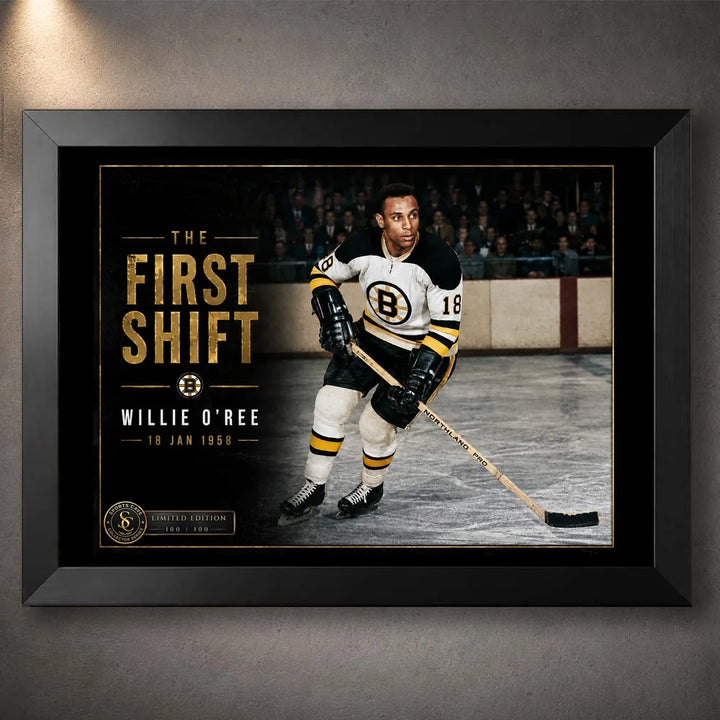 Black framed Willie O'Ree hockey wall art featuring The First Shift design for a sports room, office or collector display.