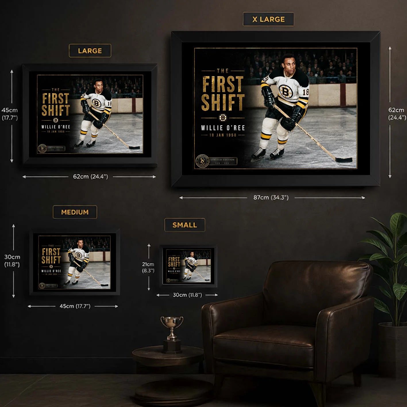 Willie O'Ree wall art size guide showing the available framed artwork dimensions from small through extra large.