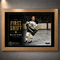 Oak framed Willie O'Ree hockey wall art featuring The First Shift design for a warm-toned collector display.