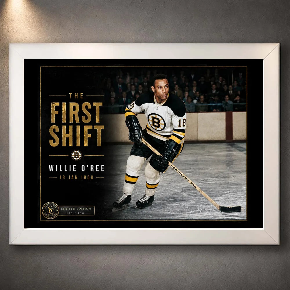 White framed Willie O'Ree hockey wall art featuring The First Shift design for a clean sports room or office display.